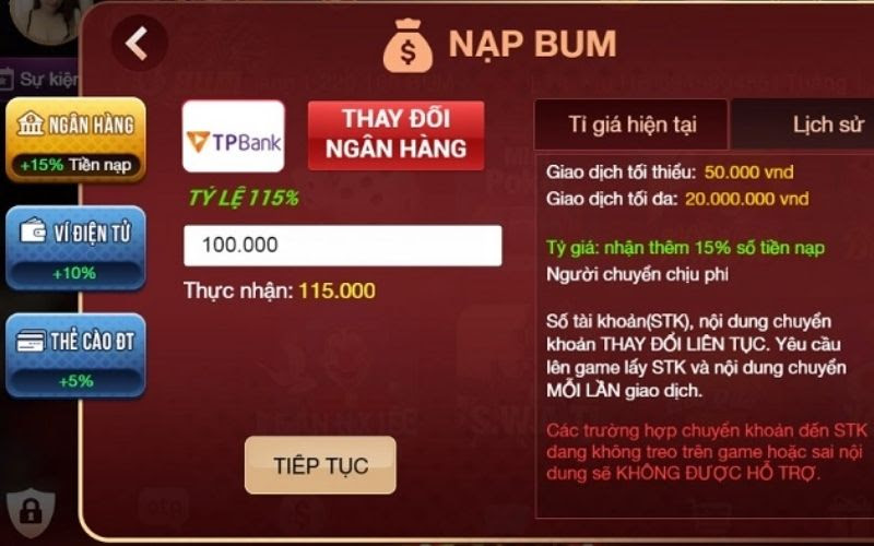 Cách nạp tiền tại Bum cub
