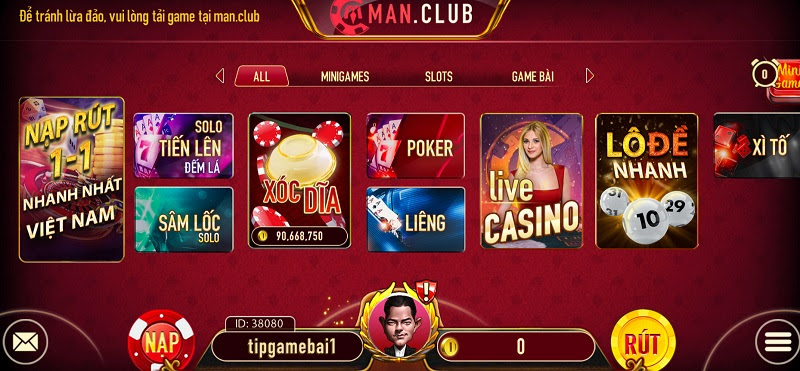 Giao diện cực chất của cổng game bài đổi thưởng Man Club 
