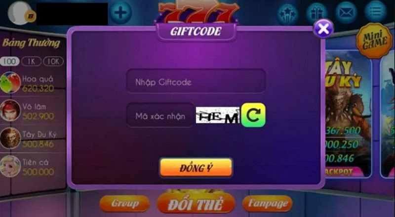 Cửa sổ nạp tiền qua Giftcode tại Big777 Club