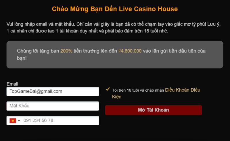 Hướng dẫn đăng ký nhà cái cá cược Live Casino House