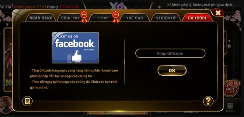 Nhận Giftcode x8 club qua Facebook