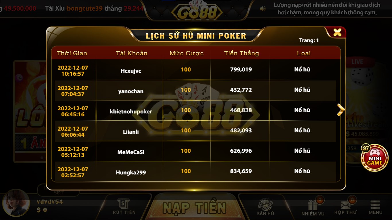 game bai Mini Poker Go88 